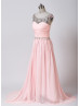 Beaded Blush Pink Ruched Chiffon V Back Prom Dress